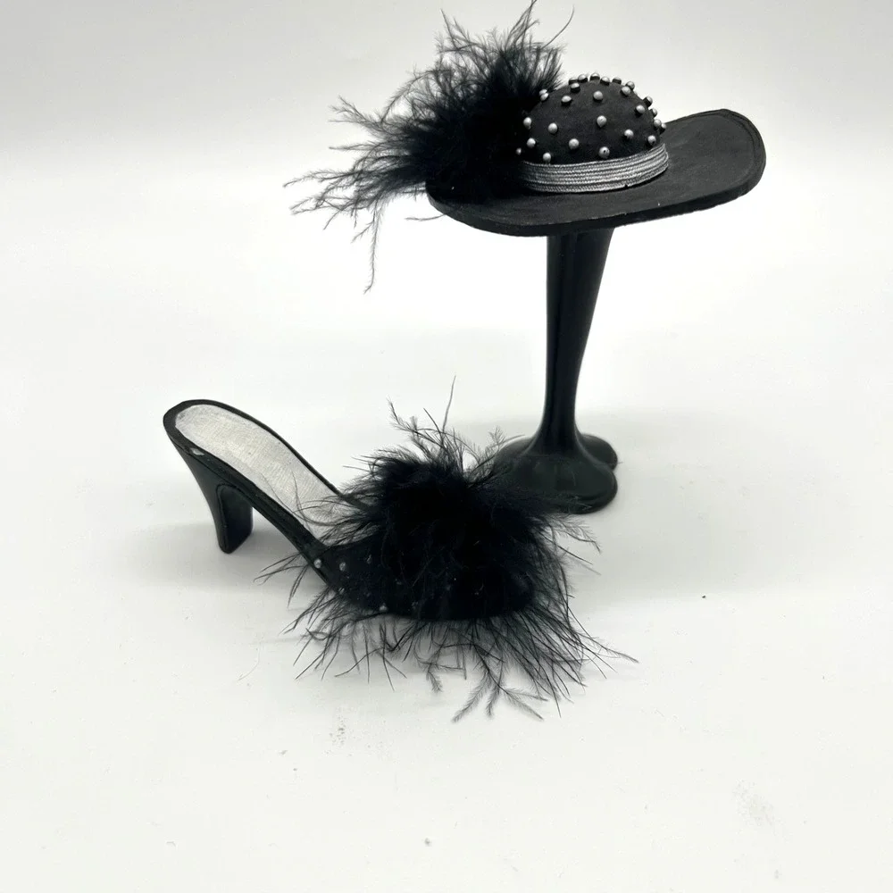 Vintage Miniature Set of 2 Shoe‎ Hat and Stand Collectible Black Feathers